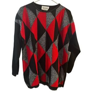 Carly Blake Vintage 90s Argyle Knit Sweater Women Black Red‎ Sparkle 1X